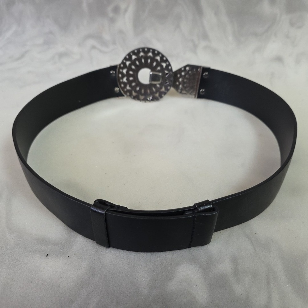 Chico's Black Genuine Leather Belt S/M Boho Mixed Metal Ornate Buckle 30" 2485 - Picture 6 of 12